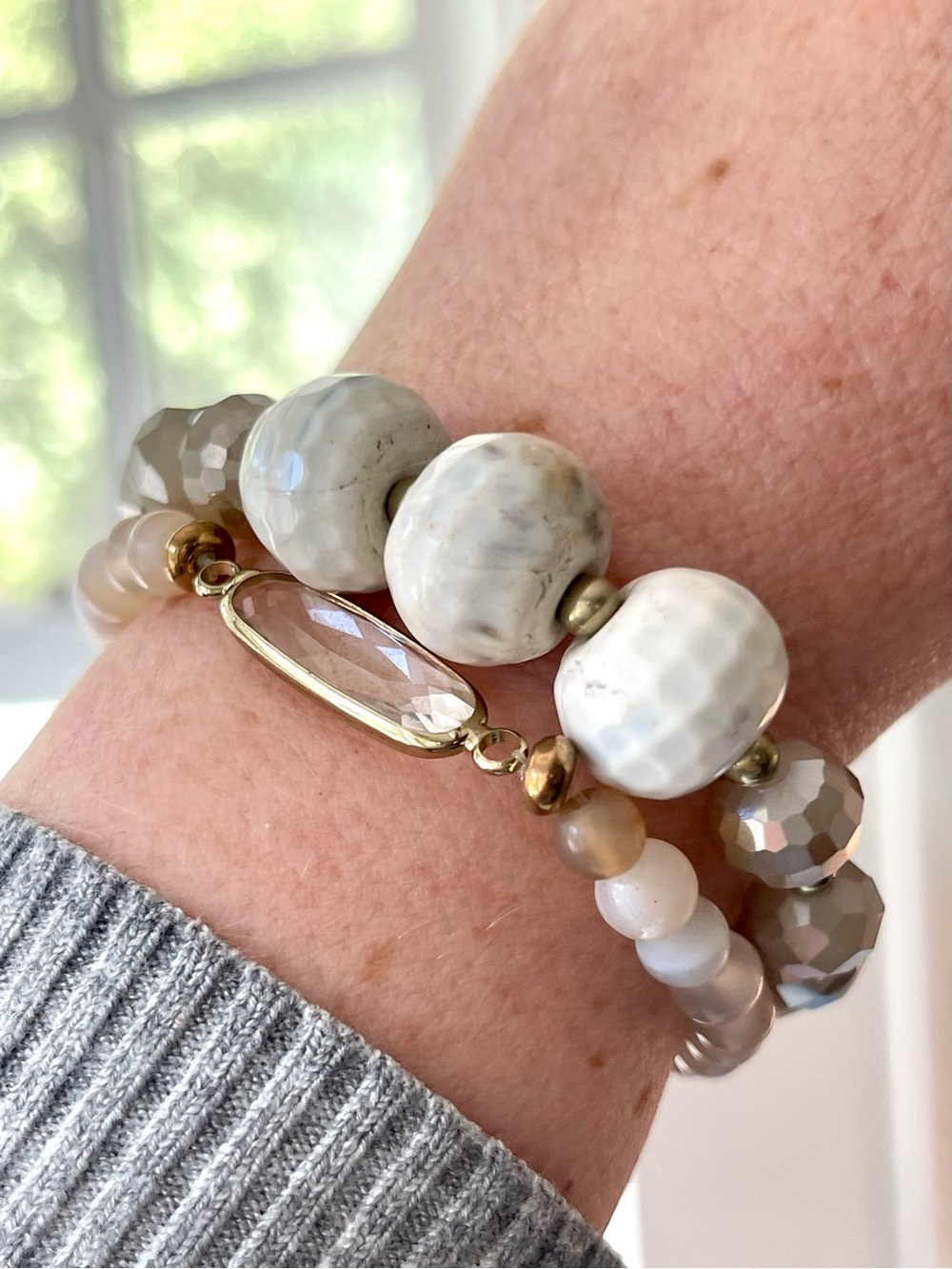 Neutral Stone and Faceted Glass Bead Stretch Bracelets with Gold Accent: Set